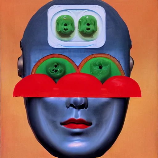 Image similar to a vintage robot head made out of jello aspic salad by giuseppe arcimboldo, oil on canvas