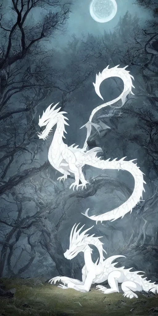 Image similar to A white dragon in the woods at nigth resting in front a camp fire, the dragon has blue eyes and is based on the european myths