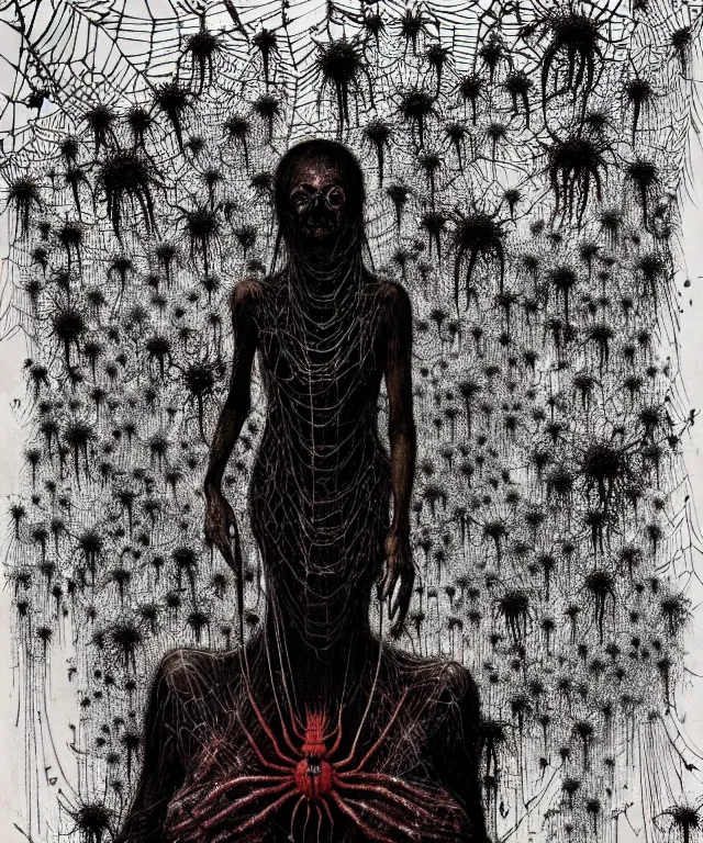 Image similar to a woman standing all covered in spiders, incredible number of spiders. extremely high details, many spider eyes, realistic, horror, creepy, web, masterpiece, art by hermann nitsch, zdzislaw beksinski, dariusz zawadzki, giger, dragan bibin, ed binkley