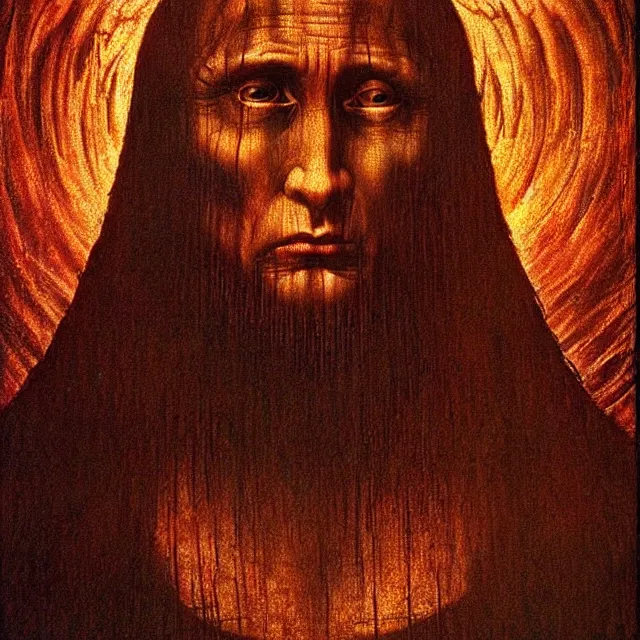 Prompt: shocked face of putin demon, leonardo da vinci, hell, tears, hyper - realistic, sharp focus, depth of field, hyper - detailed visionary art, symmetric, hell, holy halo, dramatic ambient lighting, high detail, vibrant colors, the thing 1 9 8 2