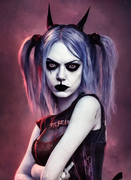 Image similar to goth gothic portrait of emma stone as harley quinn, graveyard, full moon, mist, hyper detailed, digital art, cinematic lighting, studio quality, smooth render, unreal engine 5, octane rendered, art style by klimt and nixeu and ian sprigger and krenz cushart.