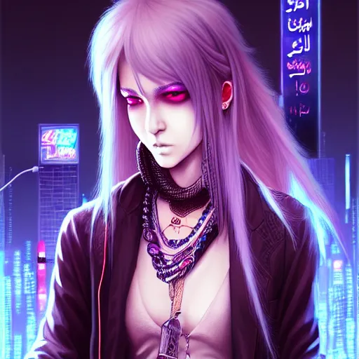 Prompt: a portrait of vampire of clan banu haqim, light brown skin, night, long light blue hair, cyberpunk city, neon signs, bangles an ultrafine detailed painting by ayami kojima, cgsociety, fantasy, anime digital art, lovecraftian, cosmic horror, detailed painting