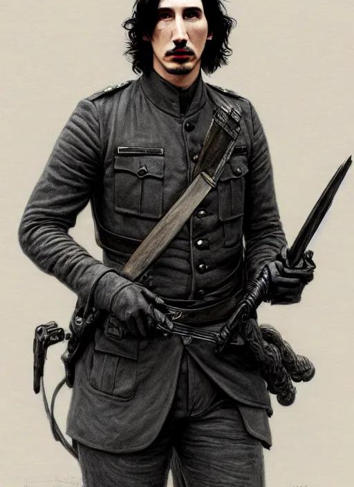 Image similar to painting of both john oliver and adam driver together, john oliver, adam driver, stoic, full body, military uniform, fantasy, intricate, elegant, beautiful, highly detailed, charcoal, centered, dark, smokey, digital painting, concept art, smooth, sharp focus, illustration, art by artgerm, art by greg rutkowski, art by alphonse mucha