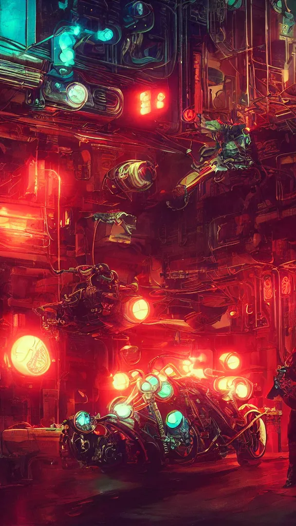 Image similar to concept art, retro - futurist steampunk pilots hang out, octane render, artstation, dramatic neon lighting, reflections, glowing imperial motifs, red turquoise accents, bladerunner, by gerald brom, james jean, syd mead, akihiko yoshida, cinematic