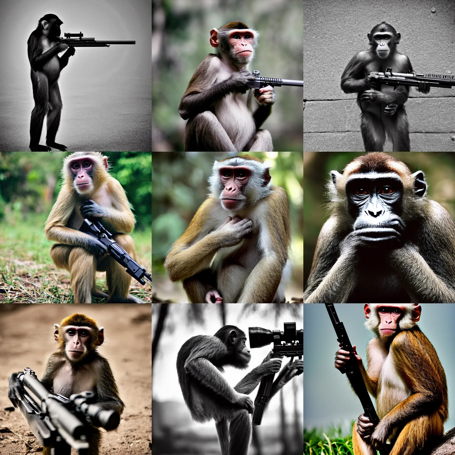 Prompt: a photo of a monkey holding a sniper rifle, photography, 3 5 mm