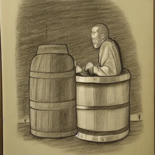 Image similar to pencil sketch of a monk drinking wine next to a barrel, pondering, medieval style