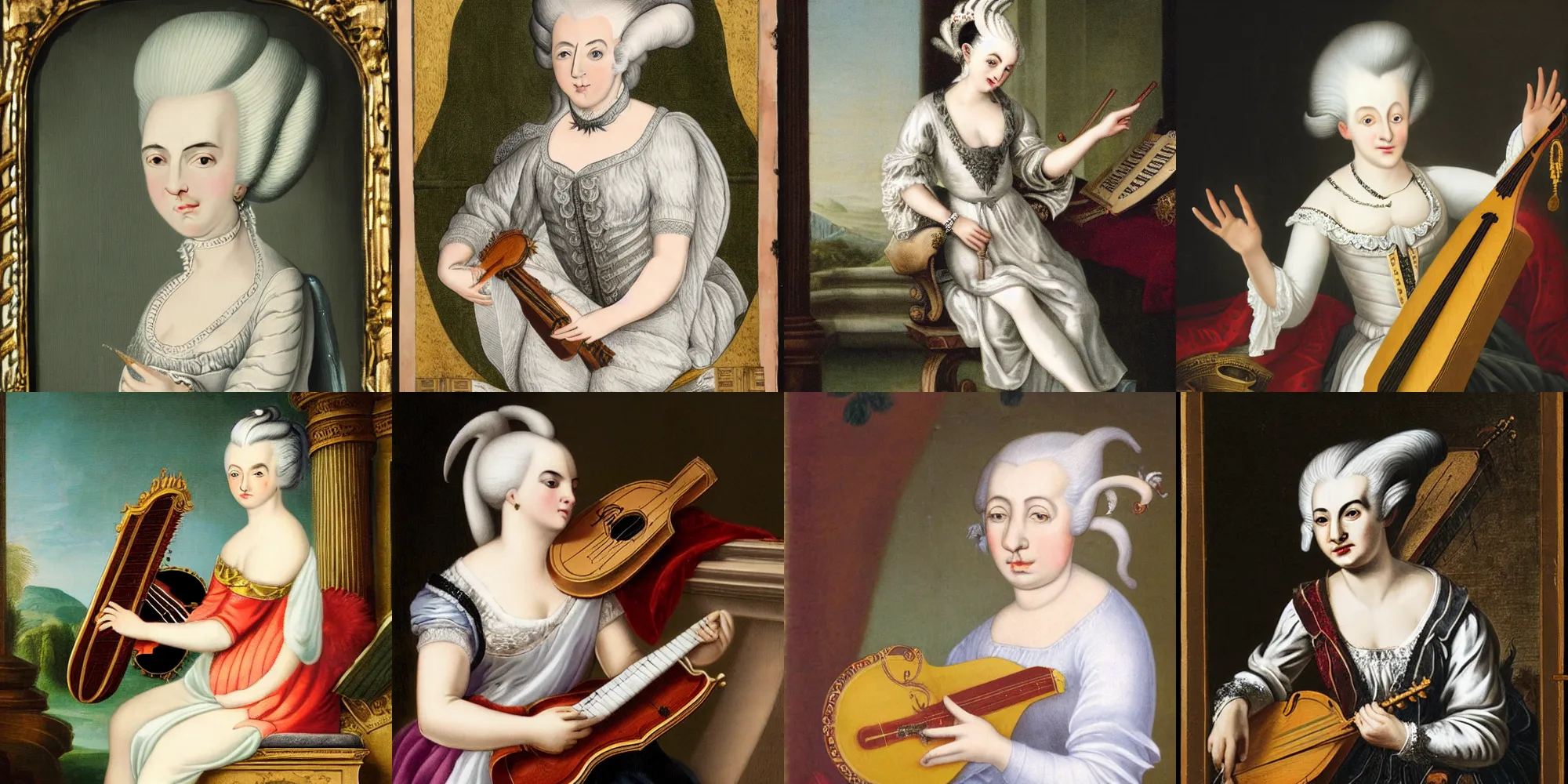 Prompt: A mythical female with white hair and two short grey goat horns coming out of her forehead. She is wearing mozart clothing, and is playing a lute.