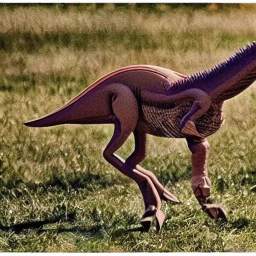 Image similar to a photo of a velociraptor and a horse holding hands, realistic