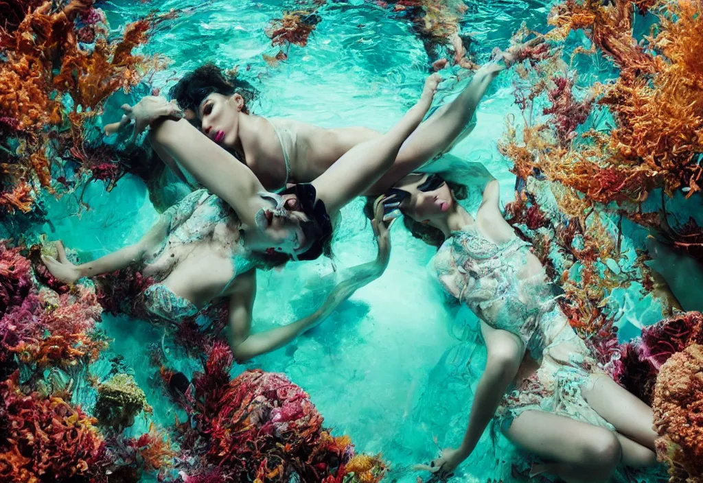 Prompt: fashion editorial underwater. wide angle shot. highly detailed. depth of field. high definition. 8k. photography.