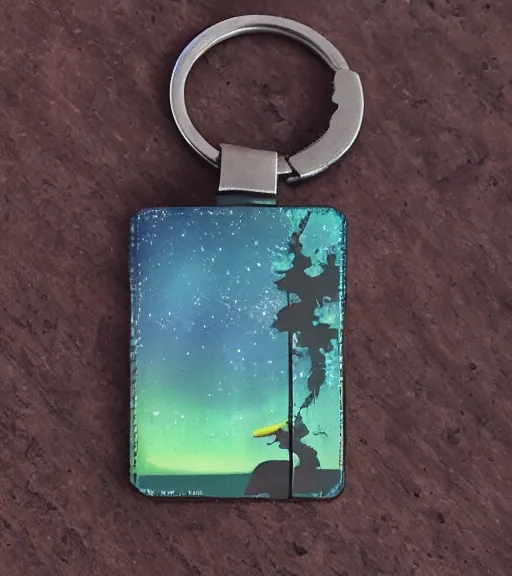 Prompt: keychain of a realistic bear eating a salmon under the northern lights