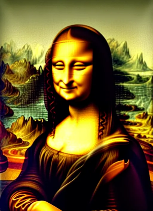 Image similar to framed oil painting of Mona Lisa by Leonardo Da Vinci but Mona Lisa is using an iPhone to take a selfie