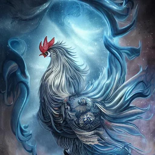 Image similar to a wlop 3 d render of very very very very highly detailed beautiful mystic portrait of a phantom undead rooster with whirling galaxy around, tattoos by anton pieck, intricate, extremely detailed, digital painting, artstation, concept art, smooth, sharp focus, illustration, intimidating lighting, incredible art,