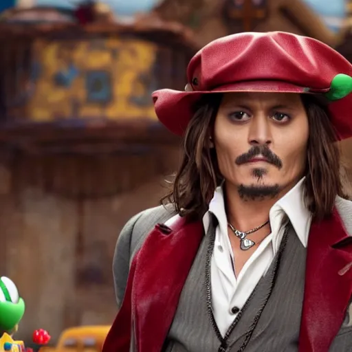 Prompt: johnny depp starring in the movie super mario brothers, movie still, action pose, 8 k