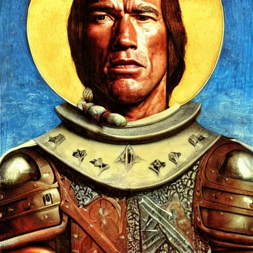 Image similar to portrait of Arnold Schwarzenegger as a medieval Crusader King of Jerusalem, by Angus McBride, Gentile Bellini, Piero della Francesca, and Arthur Rackham. HD face portrait.