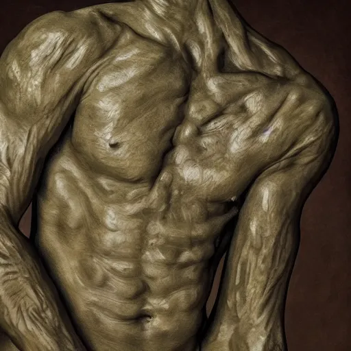 Prompt: photo CGI of a macro photo of an oil painting of a clay sculpture of a homo