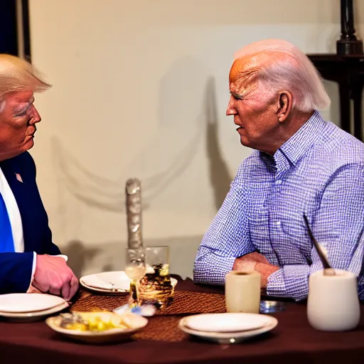 Image similar to Trump and Biden having dinner at a fancy Balinese restaurant, award winning photography, 85mm, perfect faces