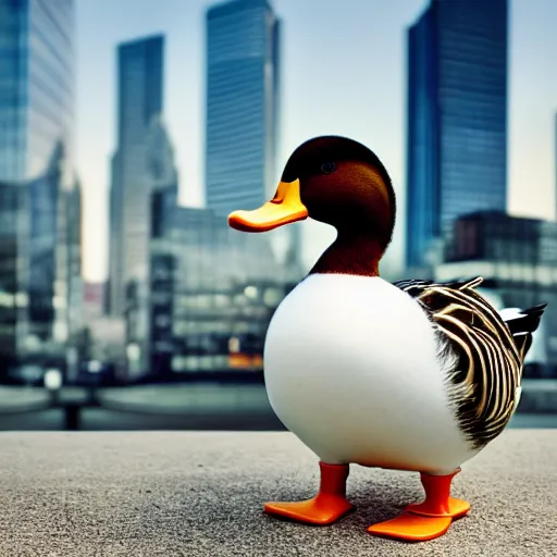 Prompt: portrait photograph of duck in a business suit, award winning, well presented, out of focus cityscape in the background