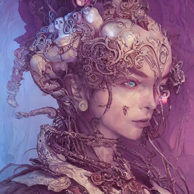 Prompt: the portrait of chaotic evil female necromancer mastermind as absurdly beautiful, gorgeous, elegant, cute young girl, an ultrafine hyperdetailed illustration by kim jung gi, irakli nadar, intricate linework, bright colors, octopath traveler, final fantasy, unreal engine 5 highly rendered, global illumination, radiant light, detailed and intricate environment