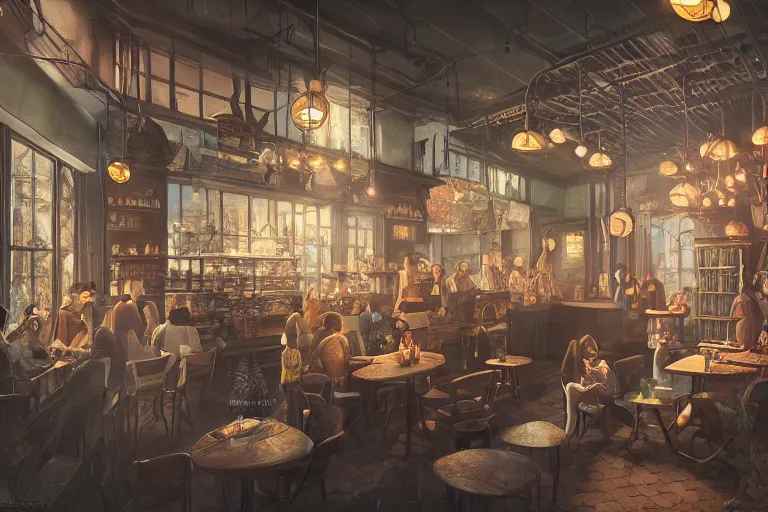 Image similar to a storybook illustration of inside a coffee shop, hyper realistic, ambient lighting, concept art, intricate, hyper detailed, smooth, dynamic volumetric lighting, octane, raytrace, cinematic, high quality, high resolution, 4 k