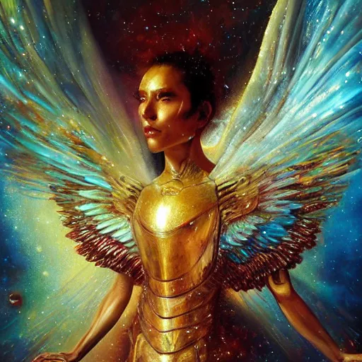 Prompt: UHD hyperrealistic photorealisitc, detailed cosmic robot with real angel wings, by Karol Bak, Greg Rutkowski and Adrian Ghenie, tonalism, rich deep colors masterpiece