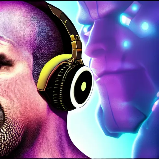 Image similar to thanos is a dj at a cyberpunk rave, he's wearing headphones and telling you to hold on a sec, holding 1 finger out to signify : wait a minute