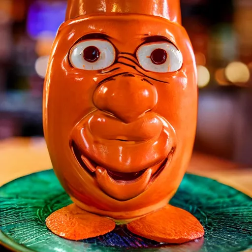 Image similar to a closeup photorealistic photograph of an orange cat garfield style tiki mug sitting at a trader vic's bar featuring garfield's face. tiki party. bright scene. fine detail. this 4 k hd image is trending on artstation, featured on behance, well - rendered, extra crisp, features intricate detail, epic composition and the style of unreal engine.