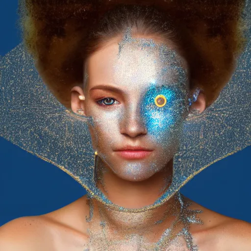 Image similar to portrait of a beautiful futuristic woman with a soft smile is layered with high-tech jewelry wrapping around her face and head, golden-silver light with tiny blue, gold, and red gems scattered like dust