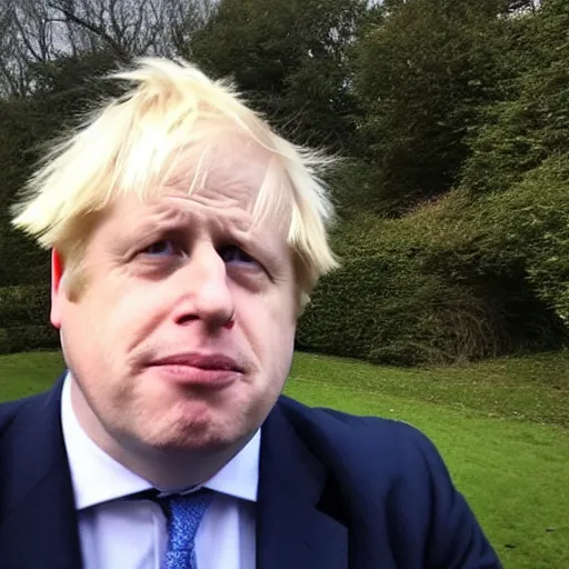 Prompt: boris johnson accidentally taking a selfie with the front camera, very scared, surprised by the camera flash that is so bright in his face