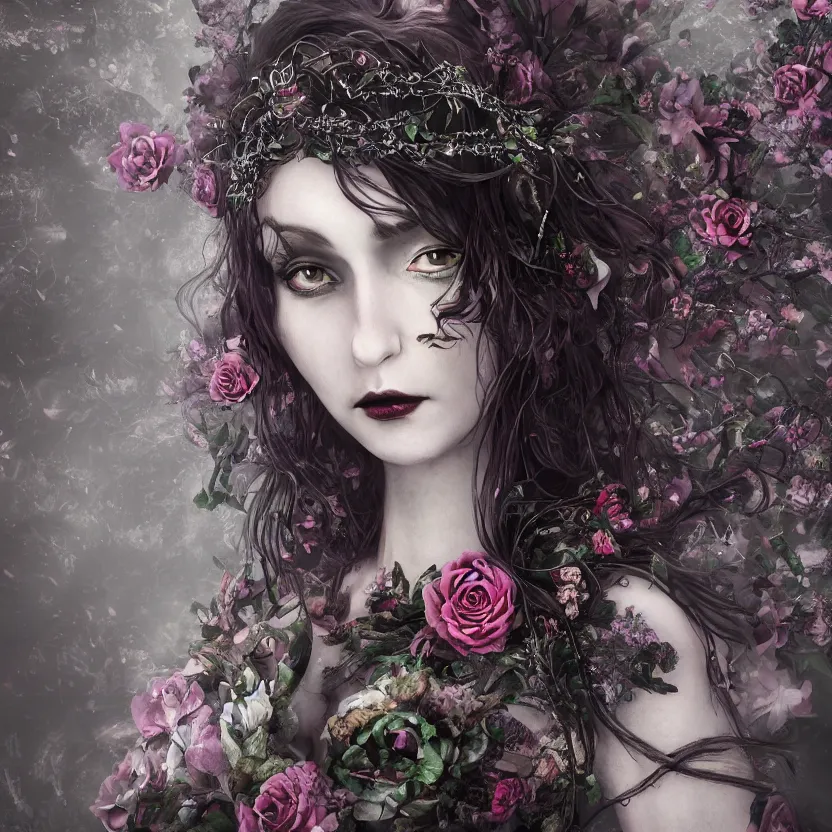 Prompt: A portrait of a Gothic goddess of floral jewels in an empty land, dark and mysterious, lively atmospheric, cinematic, 8k, 4k, ultra detail, ultra-realistic, rendered by DeviantArt