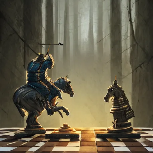 Image similar to two chess pieces fighting, the knight and the bishop on a wood chess board , fantasy art, in the style of greg rutkowski, illustration, epic, fantasy, intricate, hyper detailed, artstation, concept art, smooth, sharp focus, ray tracing