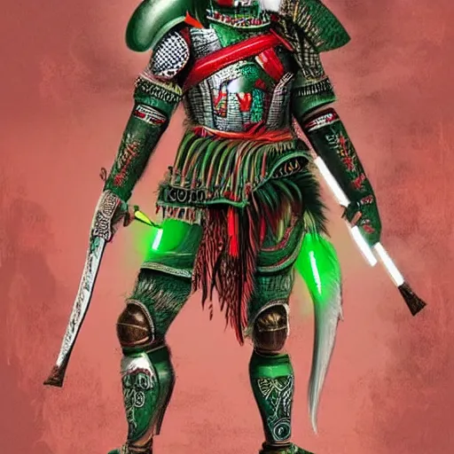 Image similar to mexican indigenous warrior in a ornated armor preparing for war, full body, dynamic pose, red and white and green neon, concept art, intricate details, highly professionally detailed, cgsociety, highly detailed -