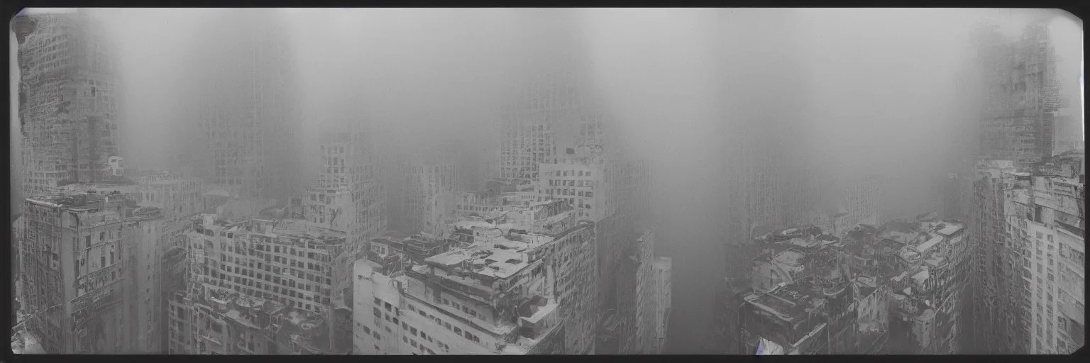 Image similar to looking down into a concrete canyon, foggy, megalophobia, old polaroid, expired film,