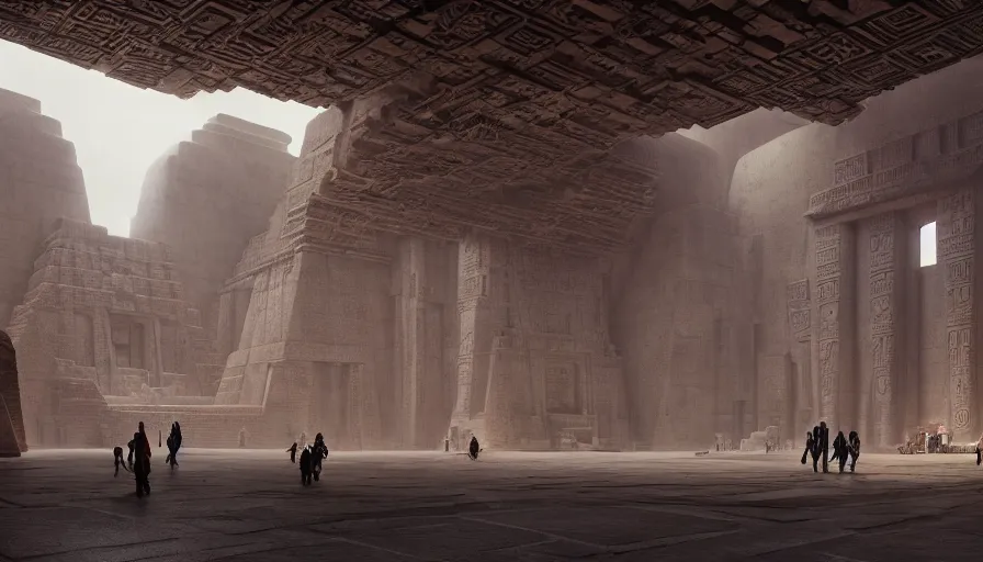 Image similar to the inside of a monument with aztec motifs, by tim blandin and arthur haas and bruce pennington and john schoenherr, big windows architecture by zaha hadid, octane render, cinematic, scenery, cgsociety, modernism, futuristic, trending on artstation, sci - fi, high detail, high quality, close up angle, people walking