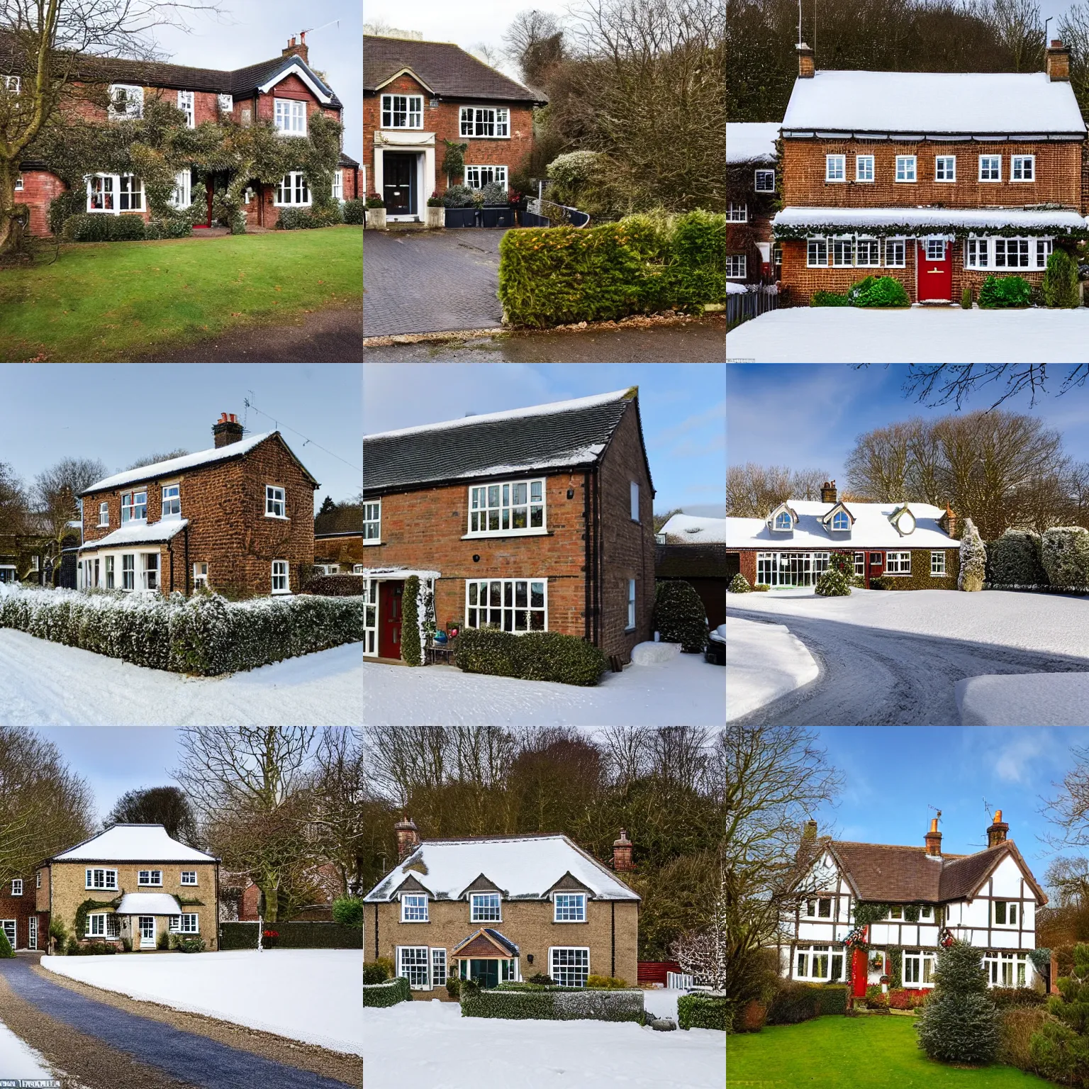 Prompt: an estate agent listing photo, external view of a 5 bedroom detached countryside house in the UK, Christmas decorations are up, Snow everywhere