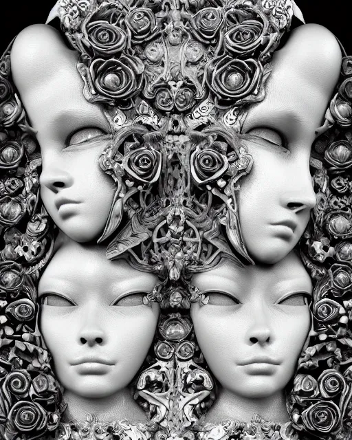 Image similar to mythical dreamy black and white organic bio-mechanical spinal ribbed profile face portrait detail of translucent steampunk beautiful siamese sisters females angelic-human-queen-vegetal-cyborg, highly detailed, intricate trnaslucent ivy jelly ornate, poetic, translucent roses ornate, 3D render, digital art, octane render, 8K artistic photography, photo-realistic, by Dora Maar