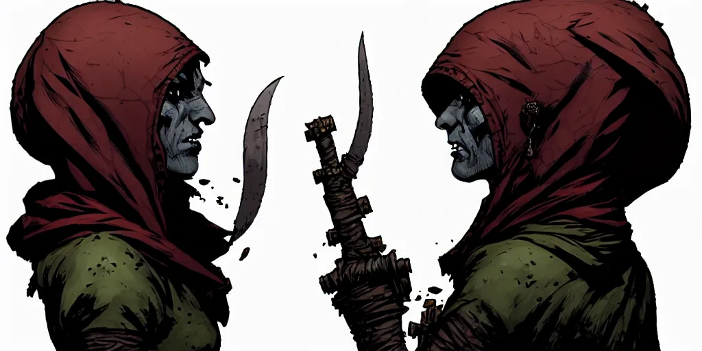 Image similar to rogue character portrait, sprite, hood, darkest dungeon, pc game, sideview, art by moebius and greg rutkowski.