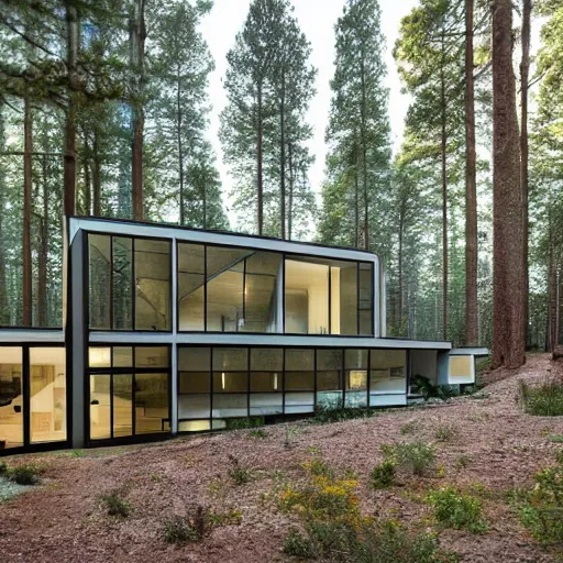 Image similar to a modern house in the woods, surrounded by pine trees. the house is the shape of a mobius strip with large picture windows.