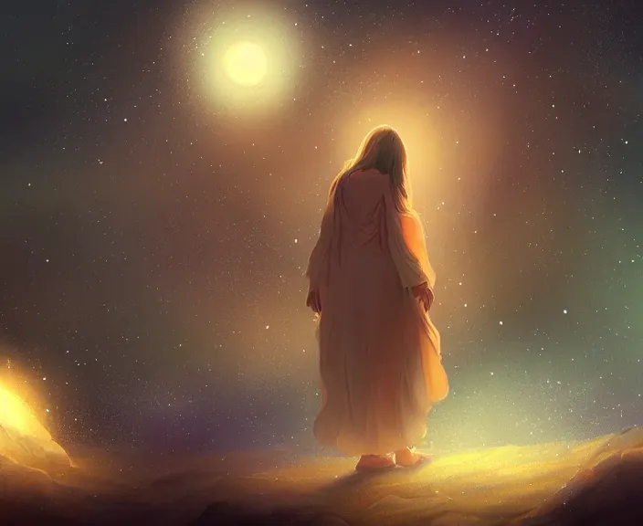 Image similar to an illustration of a mystical spiritual scene with a young woman in it, with starry dusted light and a moon, high contrast, highly detailed, sharp focus, digital painting, illustration, trending on artstation,