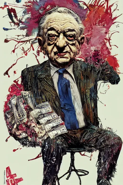 Image similar to George Soros full body shot, dollar bills Body horror, biopunk, by Ralph Steadman, Francis Bacon, Hunter S Thompson