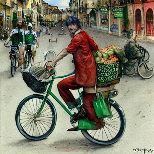 Prompt: a food delivery guy on his bicycle wearing a big green bag at the streets of Lisbon, art by Stephen Hickman