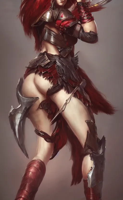 Prompt: full body concept art of a warrior princess with back to the camera, medium length red hair, by stanley lau, rim lighting, sharp focus, trending on artstation