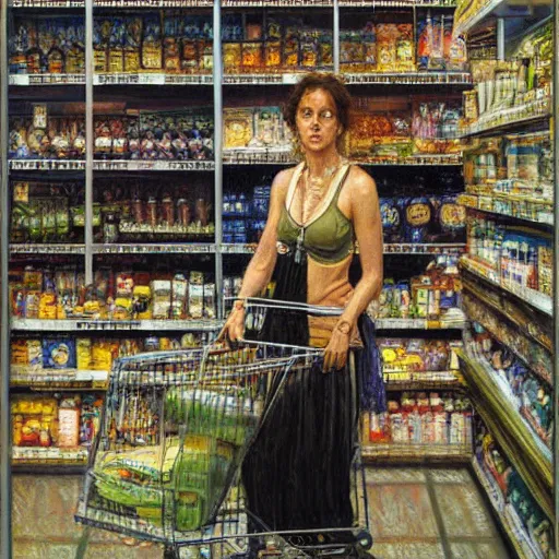 Image similar to portrait of a female survivor in the empty supermarket, by donato giancola.