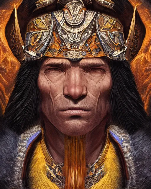 Image similar to digital painting of an incan lord, by filipe pagliuso and justin gerard, symmetric, fantasy, highly detailed, realistic, intricate, portrait, sharp focus, tarot card