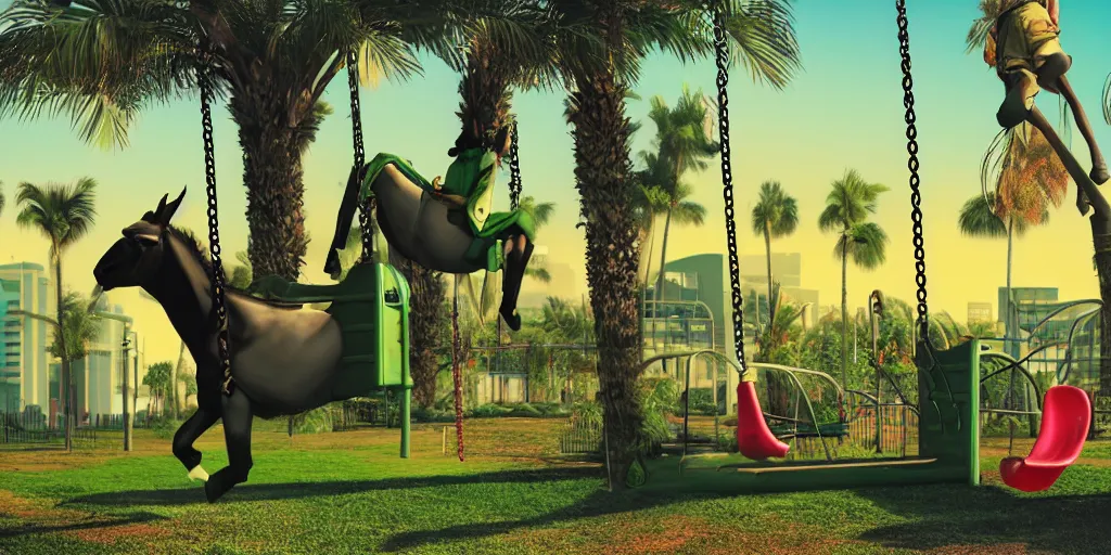 Prompt: donkey riding a playground swing, matrix style falling green text in the background, vaporwave, cyberpunk, digital art