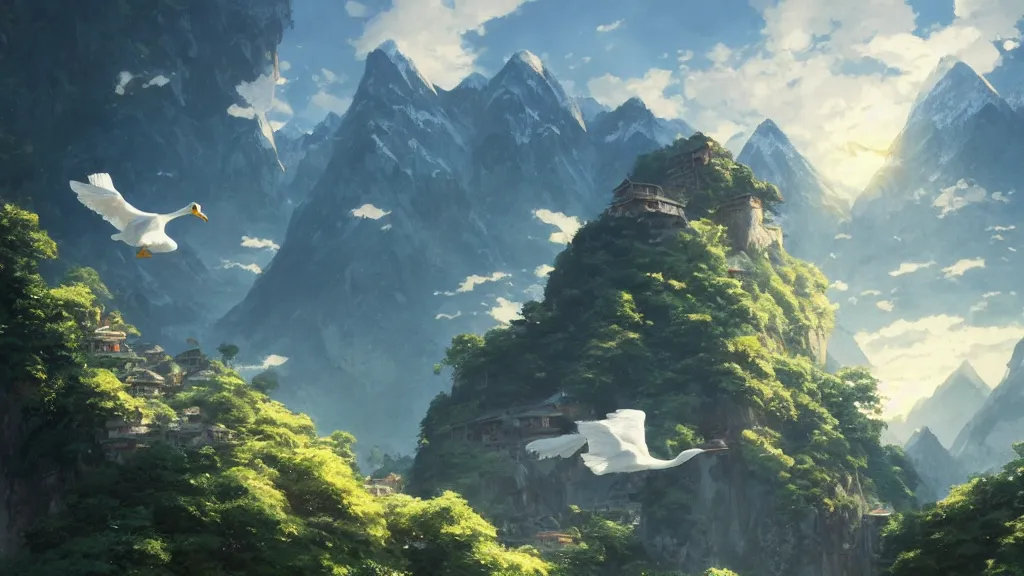 Prompt: village observes beautiful giant white duck flying over mountains, huge feathery wings, mountain landscape, himalayas, cozy wallpaper, 4 k, high details, vivid atmospheric lighting, by makoto shinkai, studio ghibli, greg rutkowski, ross tran