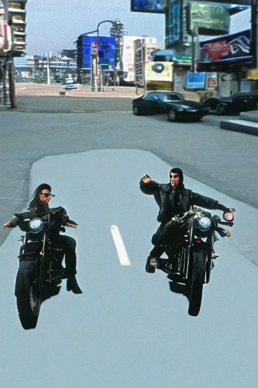 Image similar to beautiful hyperrealism three point perspective film still of Keanu Reeves as neo in bullet in a nice oceanfront promenade motorcycle chase scene in Matrix meets ronin(1990) extreme closeup portrait in style of 1990s frontiers in translucent porcelain miniature street photography fashion edition, focus on face, tilt shift style scene background, soft lighting, Kodak Portra 400, cinematic style, telephoto by Emmanuel Lubezki