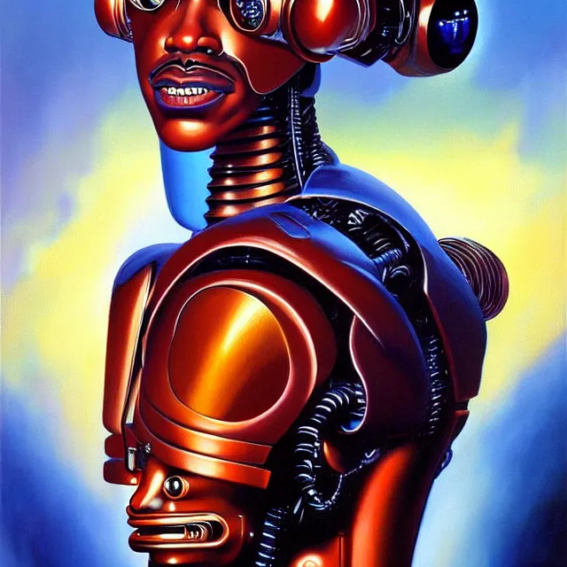 Image similar to a beautiful painting cyberpunk robot eddie murphy face, by boris vallejo realistic oil painting