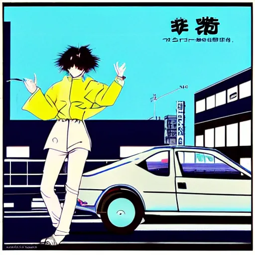 Image similar to album - cover of a 1 9 8 0 s japanese city - pop record featuring an anime illustration by mizucat. cute stylish woman ; sports car ; neon ; urban summer drive.