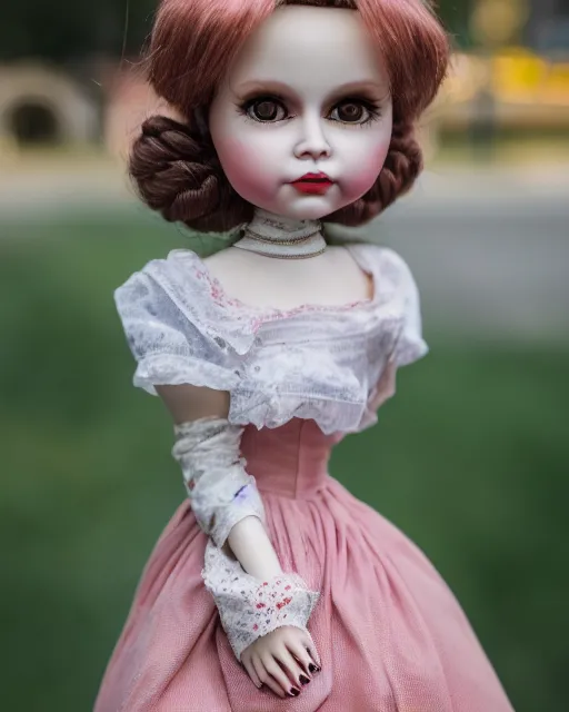 Image similar to high quality presentation photo of a cute Liza Simpsons porcelain doll in the style of mark ryden photography 4k, f1.8 anamorphic, bokeh, 4k, Canon, Nikon