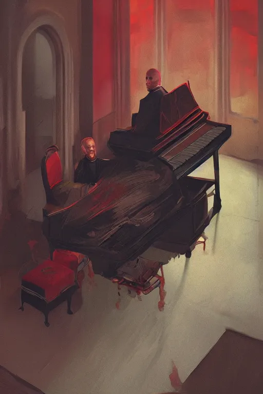 Image similar to an expressive full body portrait of agent 4 7 playing the piano in a monastery, dark background, red rim light, digital art, artstation, concept art by giger stalenhag